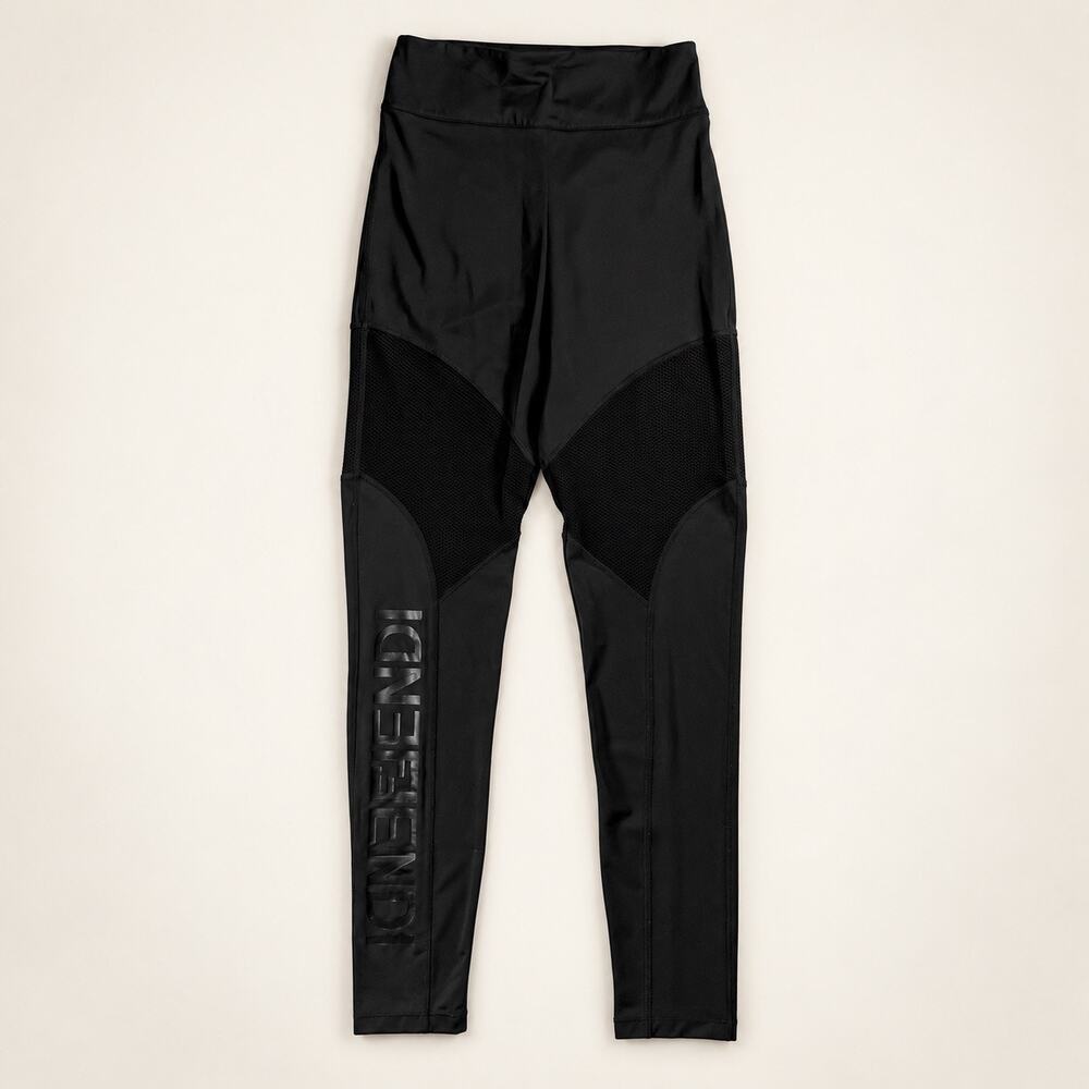Fendi Mirror Logo Gym Leggings Black Mesh Panel High Rise Activewear Size M